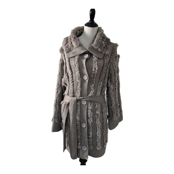 Bonnie Cool Women's Long Cardigan Size(L) Wool Cable Knit Gray Belted - Picture 1 of 15